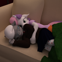 Size: 1500x1500 | Tagged: safe, artist:tahublade7, silver spoon, sweetie belle, anthro, earth pony, plantigrade anthro, unicorn, 3d, daz studio, eyes closed, female, filly, floppy ears, glasses, lesbian, shipping, silverbelle, sleeping, snuggling, sofa, tights