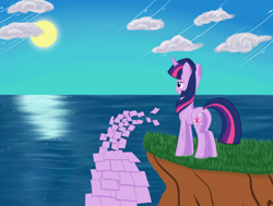 Size: 3300x2500 | Tagged: safe, artist:feralroku, derpibooru exclusive, twilight sparkle, oc, oc:twilight sketchle, pony, cliff, cloud, crossover, ocean, one piece, paper, pasa pasa no mi, solo