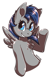 Size: 1024x1474 | Tagged: safe, artist:ratlovera, oc, oc only, pegasus, pony, blue eyes, blue mane, gray coat, simple background, smiling, solo, transparent background, waving