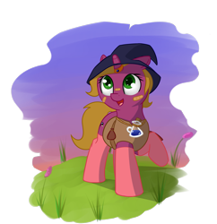 Size: 1273x1315 | Tagged: safe, artist:neuro, oc, oc only, oc:lavender spark, pony, clothes, hat, horn ring, magic potion, socks, solo, wizard hat