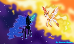 Size: 7944x4666 | Tagged: safe, artist:vector-brony, daybreaker, nightmare moon, alicorn, pony, a royal problem, absurd resolution, duo, evil, female, magic, mare, sisters, smiling