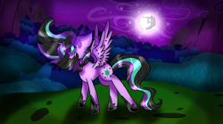 Size: 1440x802 | Tagged: safe, artist:thepegasisterpony, twilight sparkle, twilight sparkle (alicorn), alicorn, pony, corrupted, corrupted twilight sparkle, evil twilight, fangs, full moon, mare in the moon, moon, solo, sombra eyes, spread wings, twivine sparkle