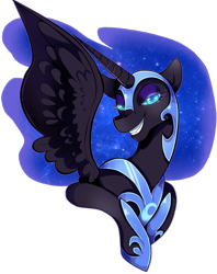 Size: 600x758 | Tagged: safe, artist:bingk, nightmare moon, alicorn, pony, bust, colored pupils, grin, lidded eyes, looking at you, portrait, simple background, smiling, solo, spread wings, transparent background