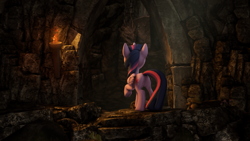 Size: 4000x2250 | Tagged: safe, artist:redaceofspades, twilight sparkle, twilight sparkle (alicorn), alicorn, dragon, pony, 3d, cave, dungeon, plot, raised hoof, solo, source filmmaker, torch, twibutt