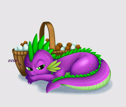 Size: 2039x1736 | Tagged: safe, artist:exelzior, spike, dragon, basket, curled up, cute, egg, gradient background, growling, lidded eyes, lying down, nose wrinkle, prone, solo, spikabetes