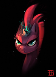 Size: 510x696 | Tagged: safe, artist:griffsnuff, tempest shadow, pony, unicorn, my little pony: the movie, angry, black background, broken horn, bust, dark background, eye scar, frown, magic, portrait, scar, simple background, solo, sparking horn