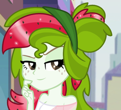 Size: 1222x1103 | Tagged: safe, artist:monkfishyadopts, oc, oc only, oc:watermelana, equestria girls, base used, city, freckles, solo, thinking