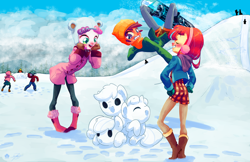 Size: 1920x1242 | Tagged: safe, artist:halem1991, apple bloom, scootaloo, sweetie belle, equestria girls, ass, beanie, clothes, cute, cutie mark crusaders, hat, imminent crash, snow, snow sculpture, snowball fight, snowboard, snowboarding