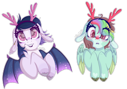 Size: 1700x1200 | Tagged: safe, artist:autumnheart462, oc, oc only, oc:kinzzey starr, bat pony, pegasus, pony, animal costume, antlers, bat pony oc, bust, costume, female, floppy ears, heart eyes, mare, portrait, reindeer antlers, simple background, transparent background, wingding eyes