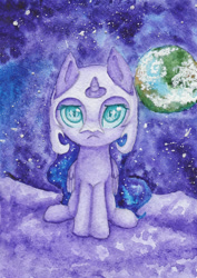 Size: 1415x2000 | Tagged: safe, artist:0okami-0ni, nightmare moon, alicorn, pony, female, filly, helmet, moon, nightmare woon, solo, traditional art