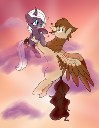 Size: 700x900 | Tagged: safe, artist:karmadash, oc, oc only, oc:krystal feathers, oc:nami, classical hippogriff, hippogriff, pony, unicorn, cloud, female, flower, flying, kryami, lesbian, male, rose, singing