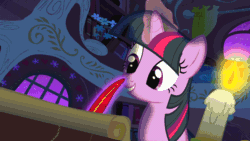 Size: 768x432 | Tagged: safe, screencap, twilight sparkle, pony, unicorn, owl's well that ends well, season 1, animated, balcony, beehive, book, bookshelf, candle, disturbed, door, flower, gif, golden oaks library, magic, night, plate, ponyville, quill, scroll, solo, spooky, stars, telekinesis, tree, writing