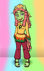 Size: 750x1200 | Tagged: safe, artist:regularmouseboy, tree hugger, anthro, plantigrade anthro, clothes, hippie, looking at you, medallion, pants, psychedelic, sandals, solo, tunic