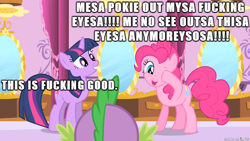 Size: 610x343 | Tagged: safe, derpibooru import, pinkie pie, spike, twilight sparkle, dragon, earth pony, pony, eye poke, gungan basic, image macro, jar jar binks, meme, op is a cuck, op is trying to start shit, vulgar