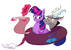 Size: 1000x698 | Tagged: safe, artist:turkleson, discord, twilight sparkle, twilight sparkle (alicorn), alicorn, pony, coils, cuddling, discolight, female, glasses, male, quill, scroll, shipping, simple background, straight, transparent background