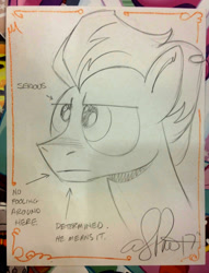 Size: 1957x2555 | Tagged: safe, artist:andypriceart, fire streak, pegasus, pony, bronycon, bronycon 2017, irl, lineart, male, photo, serious, serious face, solo, stallion, traditional art