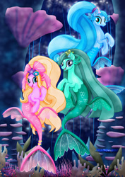 Size: 1600x2263 | Tagged: safe, artist:jucamovi1992, oc, oc only, oc:aglaope, oc:piscis, oc:radne, oc:the dark stars, merpony, seapony (g4), my little pony: the movie, cute, female, long mane, looking at you, sisters, smiling, trio, underwater