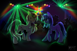 Size: 1425x951 | Tagged: safe, artist:moonlightfl, oc, oc only, oc:artline, oc:cosmia nebula, dance floor, dancing, laser, nightclub