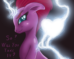 Size: 800x640 | Tagged: safe, artist:bajanic, tempest shadow, pony, unicorn, my little pony: the movie, broken horn, dialogue, female, heart, lightning, looking at you, mare, smiling, solo