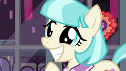 Size: 1280x720 | Tagged: safe, screencap, coco pommel, earth pony, pony, made in manehattan, cocobetes, cute, faic, female, grin, mare, smiling, solo, squee, window
