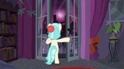 Size: 1280x720 | Tagged: safe, screencap, coco pommel, earth pony, pony, made in manehattan, bookshelf, coco's apartment, curtains, facing away, female, mare, moon, potted plant, solo, standing