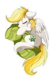 Size: 2008x2983 | Tagged: safe, artist:pridark, oc, oc only, oc:dandelion blossom, pegasus, pony, commission, cute, female, hug, mare, paw prints, pillow, pillow hug, simple background, sleeping, solo, transparent background