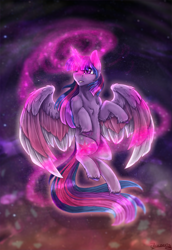 Size: 2200x3200 | Tagged: safe, artist:jazzerix, twilight sparkle, twilight sparkle (alicorn), alicorn, pony, chest fluff, female, fluffy, flying, magic, night, solo, stars, unshorn fetlocks