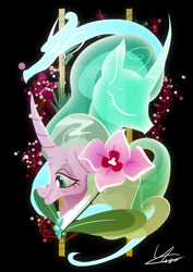 Size: 600x849 | Tagged: safe, artist:ii-art, mistmane, pony, unicorn, campfire tales, black background, clothes, curved horn, dragon spirit, duality, ethereal mane, female, flower, mare, mistmane's flower, simple background, solo, spirit