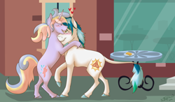 Size: 1024x596 | Tagged: safe, artist:mattsykun, oc, oc only, oc:pastel splash, oc:sylvan sun, classical unicorn, heart, leonine tail, male, oc x oc, shipping, straight, unshorn fetlocks