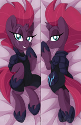 Size: 1355x2084 | Tagged: safe, artist:pearlyiridescence, tempest shadow, pony, my little pony: the movie, armor, bed, body pillow, body pillow design, broken horn, clothes, eye scar, grin, on back, plot, prone, scar, shoes, smiling, tempass, underhoof