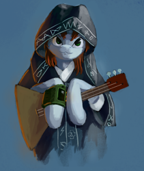 Size: 2162x2560 | Tagged: safe, artist:terrafomer, oc, oc only, oc:littlepip, pony, unicorn, fallout equestria, balalaika, clothes, fanfic, fanfic art, female, hooves, horn, mare, neuromonk feofan, pipbuck, simple background, solo