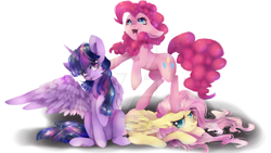 Size: 1024x576 | Tagged: safe, artist:dream--chan, fluttershy, pinkie pie, twilight sparkle, twilight sparkle (alicorn), alicorn, earth pony, pegasus, pony, deviantart watermark, obtrusive watermark, one wing out, trio, watermark