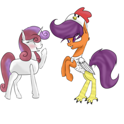 Size: 400x400 | Tagged: dead source, safe, artist:sleepyyhollow, scootaloo, sweetie belle, pegasus, pony, unicorn, animal costume, chicken suit, clothes, costume, cute, cutealoo, diasweetes, female, filly, happy, laughing, lesbian, nightmare night costume, scootabelle, scootachicken, shipping, silly, silly pony, sweetie belle is a marshmallow too