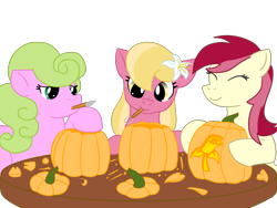 Size: 2000x1500 | Tagged: safe, artist:kiwiscribbles, daisy, flower wishes, lily, lily valley, roseluck, earth pony, pony, carving, eyes closed, female, flower, flower in hair, flower trio, halloween, holiday, jack-o-lantern, knife, mare, mouth hold, pumpkin, simple background, table, transparent background