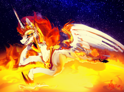 Size: 3277x2440 | Tagged: safe, artist:alumx, daybreaker, alicorn, pony, a royal problem, fangs, prone, sharp teeth, solo, space, sun, teeth