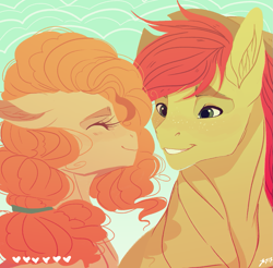 Size: 1215x1194 | Tagged: safe, artist:clockworkquartet, bright mac, pear butter, earth pony, pony, the perfect pear, brightbutter, eyes closed, female, heart, looking at each other, male, shipping, straight