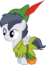 Size: 1001x1422 | Tagged: safe, artist:cloudyglow, rumble, pegasus, pony, clothes, clothes swap, colt, cosplay, costume, disney, male, peter pan, scrunchy face, simple background, solo, transparent background, vector