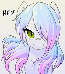 Size: 1280x1458 | Tagged: safe, artist:suspega, oc, oc only, oc:vorepone, pony, bust, dialogue, fangs, female, flowing mane, gradient background, hair over one eye, looking at you, mare, portrait, slit eyes, smiling, solo