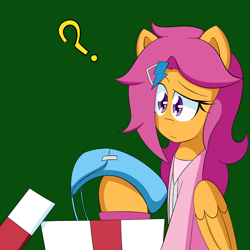 Size: 800x800 | Tagged: safe, artist:jake heritagu, scootaloo, pony, comic:ask motherly scootaloo, hairpin, motherly scootaloo, present, saddle bag, solo, sweatshirt