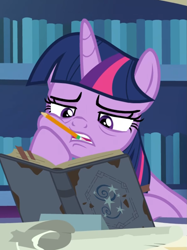 Size: 795x1062 | Tagged: safe, screencap, twilight sparkle, twilight sparkle (alicorn), alicorn, pony, shadow play, book, female, mare, pencil, solo, starswirl's book, tired, twilight's castle