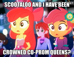 Size: 691x537 | Tagged: safe, edit, edited screencap, screencap, apple bloom, nolan north, scootaloo, sophisticata, eqg summertime shorts, equestria girls, raise this roof, apple bloom's bow, bow, clothes, fall formal outfits, female, hair bow, image macro, implied lesbian, lesbian, meme, open mouth, scootabloom, shipping