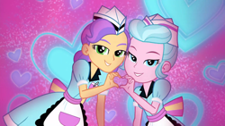 Size: 3200x1800 | Tagged: safe, screencap, milkshake malt, tip top, coinky-dink world, eqg summertime shorts, equestria girls, abstract background, bedroom eyes, diner uniform, doo wop, heart, heart hands, sunny sugarsocks, waitress