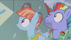 Size: 1366x768 | Tagged: safe, screencap, bow hothoof, windy whistles, pegasus, pony, parental glideance, rainbow dash's parents, treehouse logo, wide eyes, windyhoof