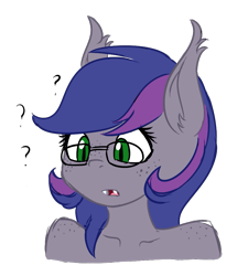 Size: 879x977 | Tagged: safe, artist:phoenixswift, oc, oc only, oc:midnight melody, anthro, bat pony, bat pony oc, bust, glasses, question mark, simple background, solo, transparent background