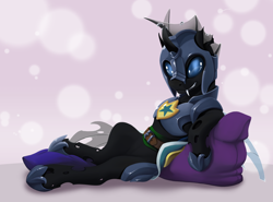 Size: 3392x2509 | Tagged: safe, artist:arctic-fox, oc, oc only, oc:evening breeze, changeling, armor, changeling oc, featureless crotch, horseshoes, male, night guard, piercing, pinup, pose, royal guard, smiling, solo, torn ear