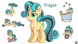 Size: 3840x2160 | Tagged: safe, artist:pirill, oc, oc only, oc:fidget, object pony, original species, pony, unicorn, :p, :t, bathtub, cheek fluff, chest fluff, clothes, cute, eyes closed, falling, female, fidget spinner, floppy ears, fluffy, flying, frown, glowing horn, grin, gritted teeth, levitation, lidded eyes, looking at you, looking up, magic, mare, mismatched socks, on back, pointing, ponified, prone, raised hoof, reference sheet, shirt, shoulder fluff, silly, simple background, smiling, smirk, socks, solo, striped socks, sunglasses, swegway, tailcopter, telekinesis, tongue out, wat, white background, 🅱