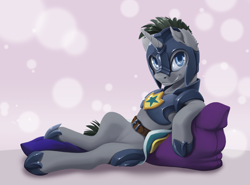 Size: 2000x1479 | Tagged: safe, alternate version, artist:arctic-fox, oc, oc only, oc:evening breeze, unicorn, armor, featureless crotch, horseshoes, male, night guard, pinup, pose, royal guard, smiling, solo, torn ear