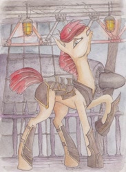 Size: 715x977 | Tagged: safe, artist:daisymane, oc, oc only, pony, unicorn, airship, armor, female, looking at you, mare, raised hoof, solo, traditional art, zeppelin