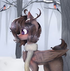 Size: 1073x1080 | Tagged: safe, artist:karinanight125, oc, oc only, bird, pegasus, pony, bullfinch, clothes, female, mare, scarf, snow, solo, tree, winter