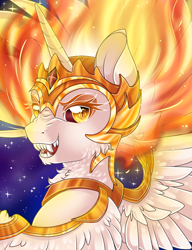 Size: 2834x3685 | Tagged: safe, artist:schokocream, daybreaker, alicorn, pony, a royal problem, fangs, female, helmet, mare, open mouth, smiling, solo